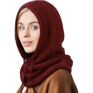 Women Scarf Hat Balaclava Beanie Skull Cap with Drawstring Warm Hat Burgundy